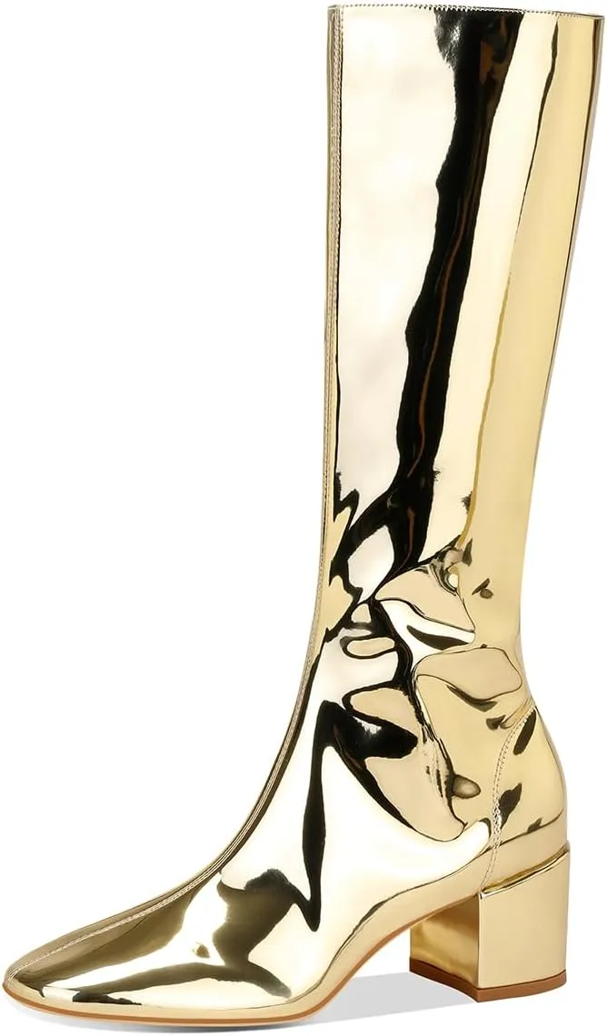 Metallic Knee High Boots for Women, Round Toe Chunky Heel Tall Boots Low Heel Long Boots Fashion Dress Party Booties
