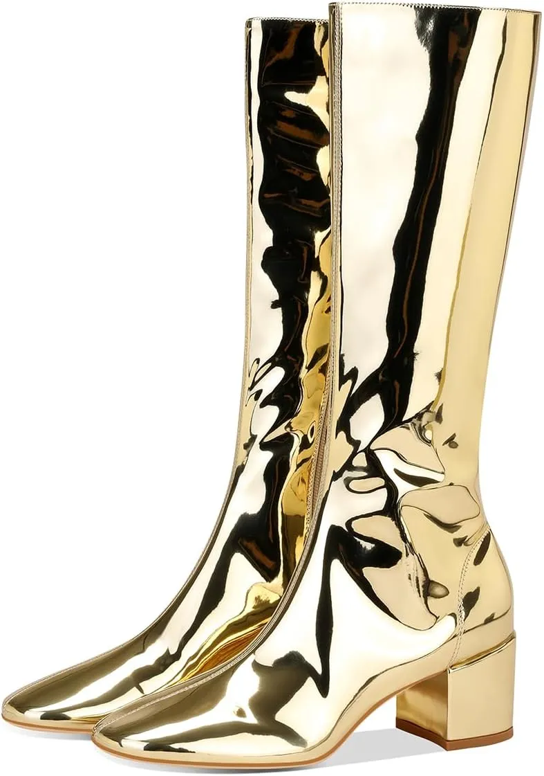 Metallic Knee High Boots for Women, Round Toe Chunky Heel Tall Boots Low Heel Long Boots Fashion Dress Party Booties