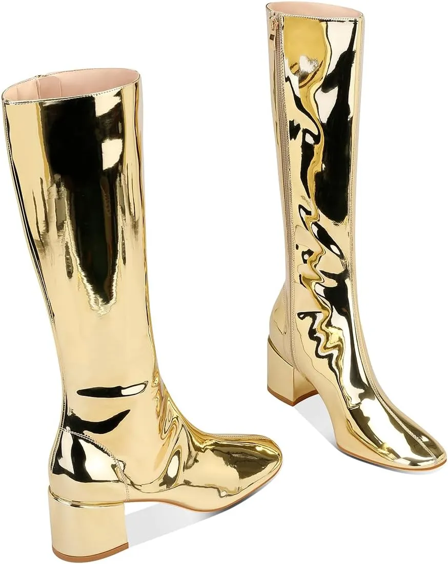 Metallic Knee High Boots for Women, Round Toe Chunky Heel Tall Boots Low Heel Long Boots Fashion Dress Party Booties