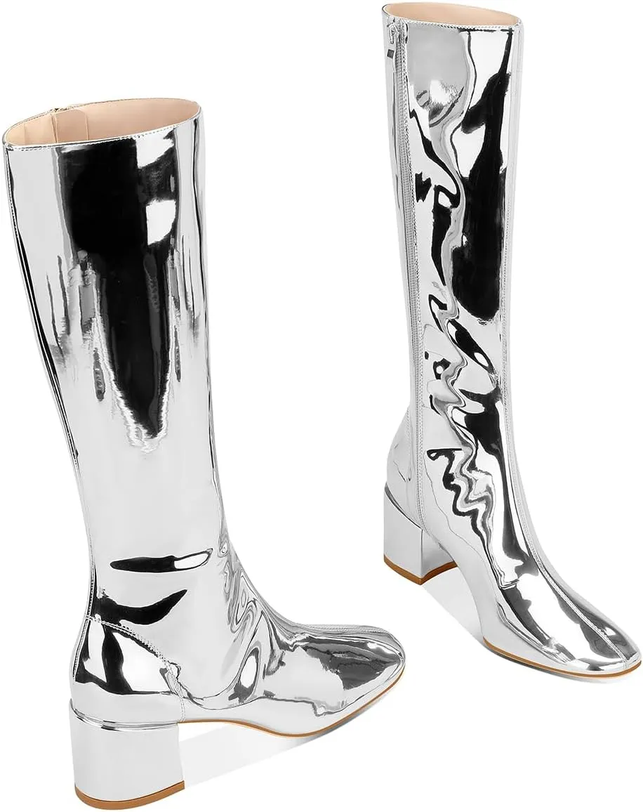 Metallic Knee High Boots for Women, Round Toe Chunky Heel Tall Boots Low Heel Long Boots Fashion Dress Party Booties