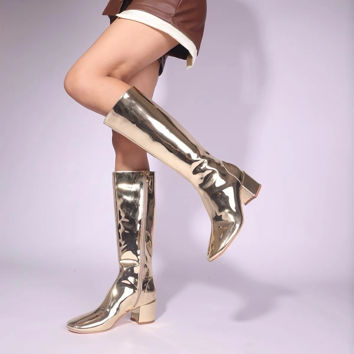 Metallic Knee High Boots for Women, Round Toe Chunky Heel Tall Boots Low Heel Long Boots Fashion Dress Party Booties