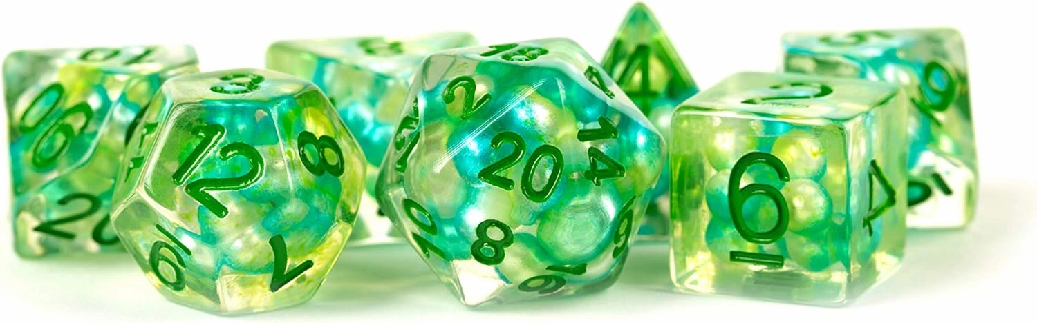 Metallic Dice Games Sea Foam Pearl Dice with Gold Numbers Resin 16mm (5/8in) 7 Dice Set