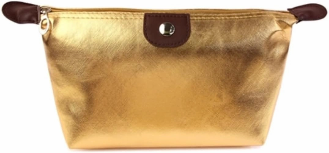 Metallic Gold Cosmetic Bag with Brown Trim, Travel Makeup Pouch with Zipper