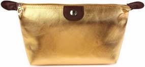 Metallic Gold Cosmetic Bag with Brown Trim, Travel Makeup Pouch with Zipper