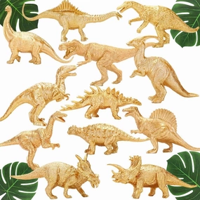 Metallic Gold Plastic Dinosaurs Figurine Toys, 12PCS Golden Dinosaur Figures for Boys Girls, Baby Shower, Bridal Shower Decorations, Kids Dino Themed Birthday Party Supplies Cake Topper