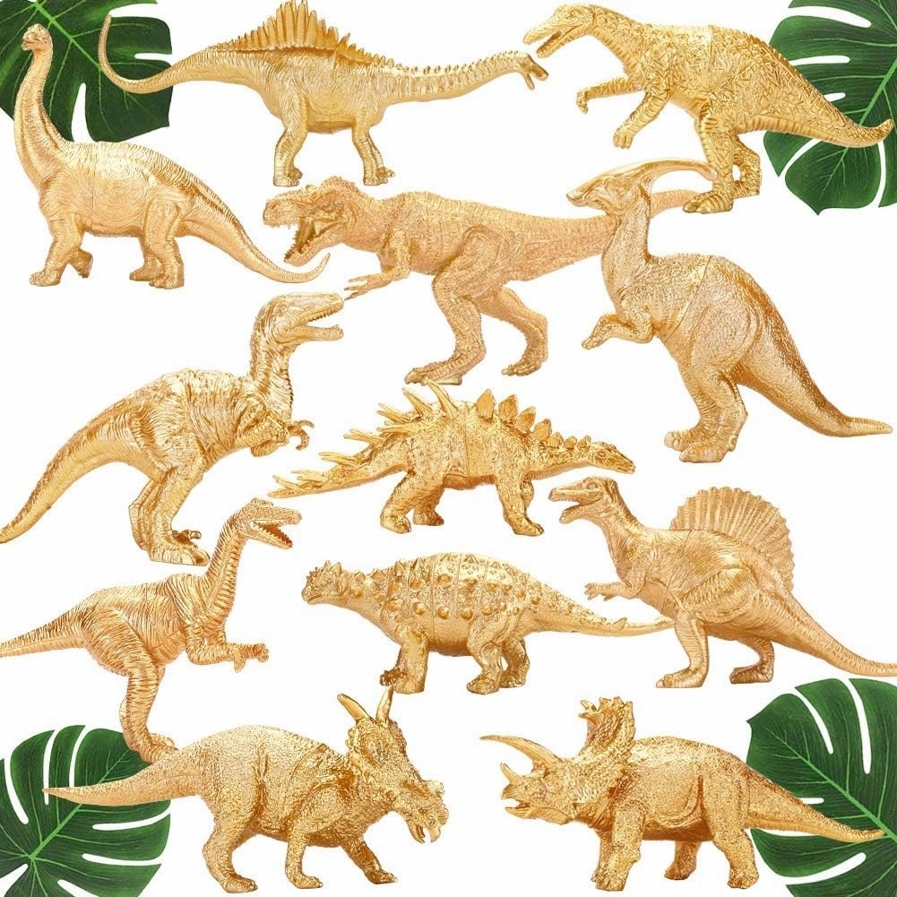 Metallic Gold Plastic Dinosaurs Figurine Toys, 12PCS Golden Dinosaur Figures for Boys Girls, Baby Shower, Bridal Shower Decorations, Kids Dino Themed Birthday Party Supplies Cake Topper