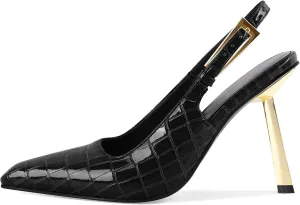 Mettesally Sling Back Heels Women High Heels Closed Toe Gold Heels Pumps Metal Buckle Shoes 4 Inch