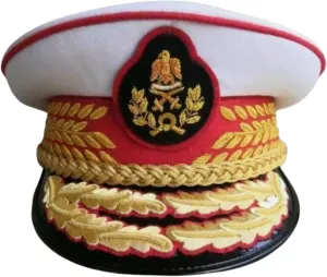 Military Style Ceremonial Dress Cap with Gold Embroidered Insignia, White and Red (US, Numeric, 7 1/2, White)