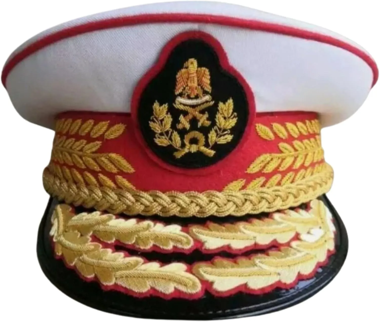 Military Style Ceremonial Dress Cap with Gold Embroidered Insignia, White and Red (US, Numeric, 7 1/2, White)