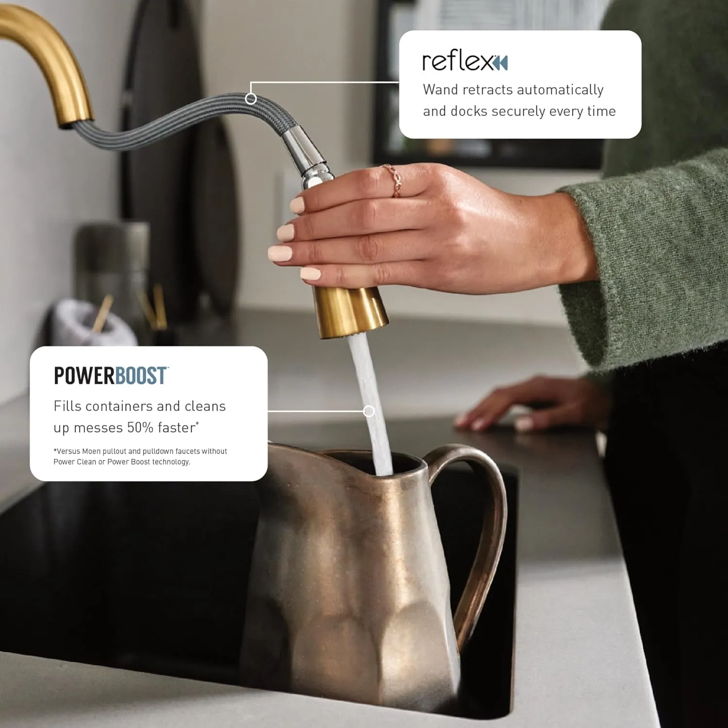 Moen 7864BG Accessories One Handle High Arc Pulldown Modern Kitchen Faucet Featuring Power Boost, Brushed Gold