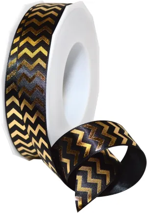 Morex Ribbon 98422/25-634 Gilded Chevron Polyester, 7/8" x 25 yd, Black/Gold