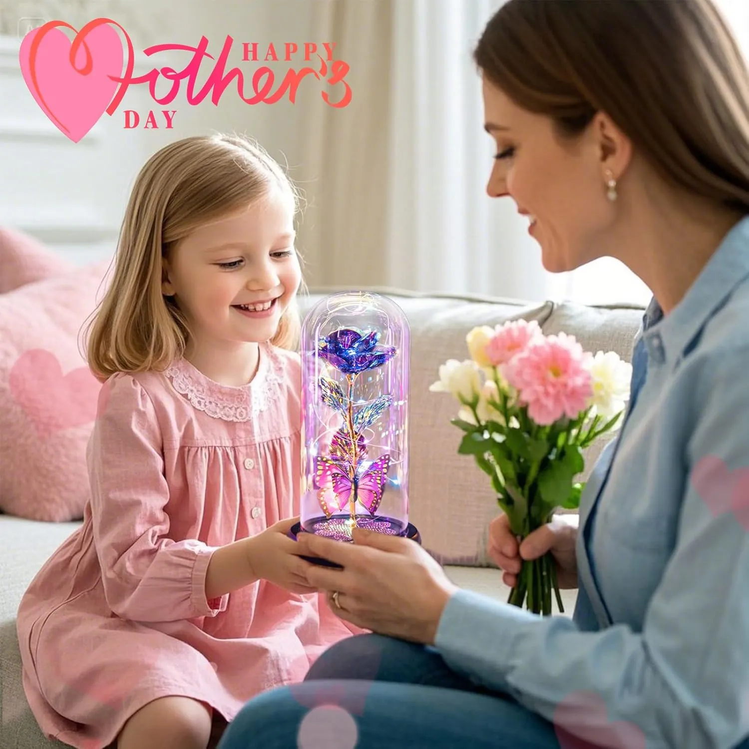 Mothers Day Rose Gifts for Mom, Galaxy Glass Rose Forever Eternal Crystal Flower Light Up Rose in Glass Dome with Butterfly Birthday Mother’s Day Flower Gifts for Women Mom Wife Sister Daughter Purple