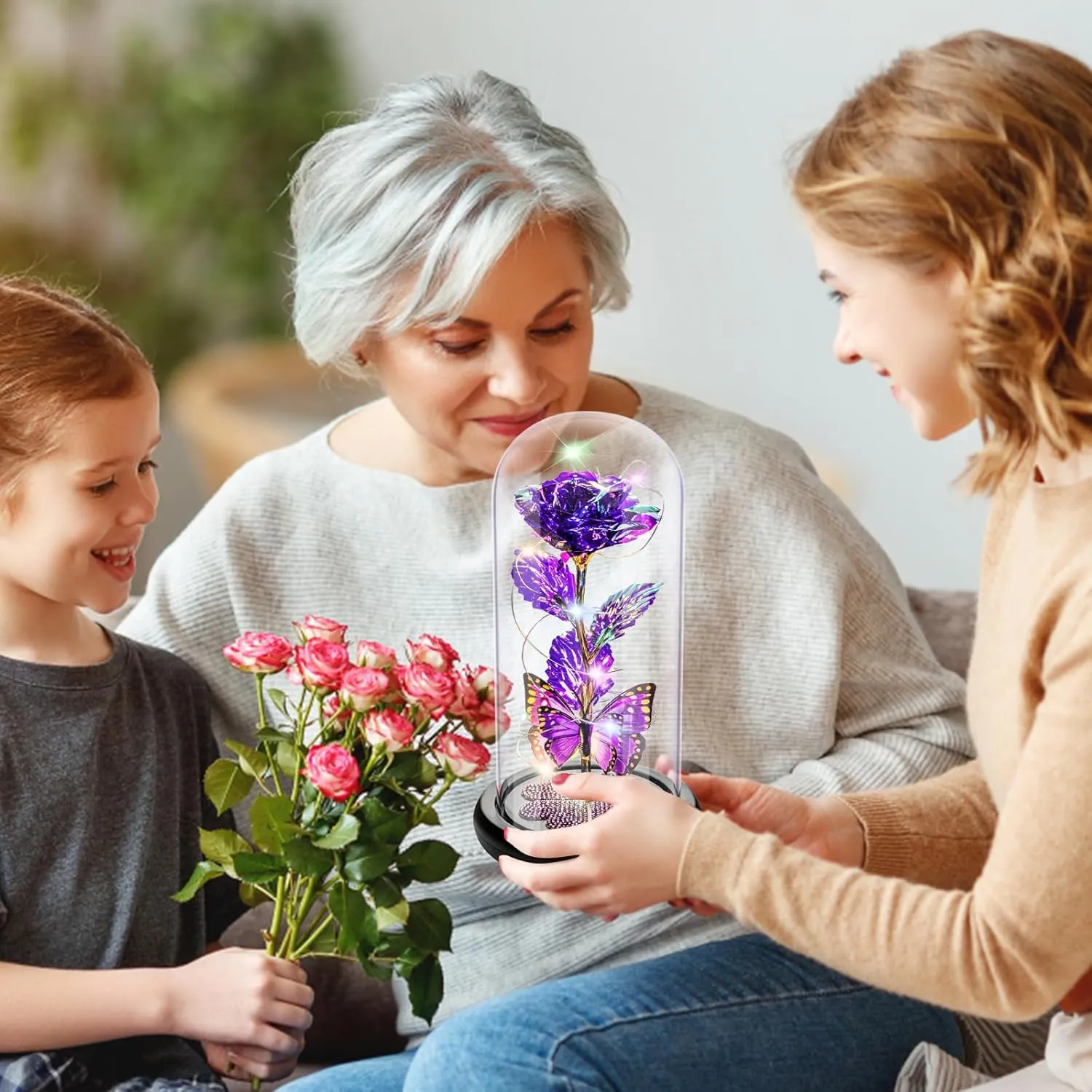 Mothers Day Rose Gifts for Mom, Galaxy Glass Rose Forever Eternal Crystal Flower Light Up Rose in Glass Dome with Butterfly Birthday Mother’s Day Flower Gifts for Women Mom Wife Sister Daughter Purple