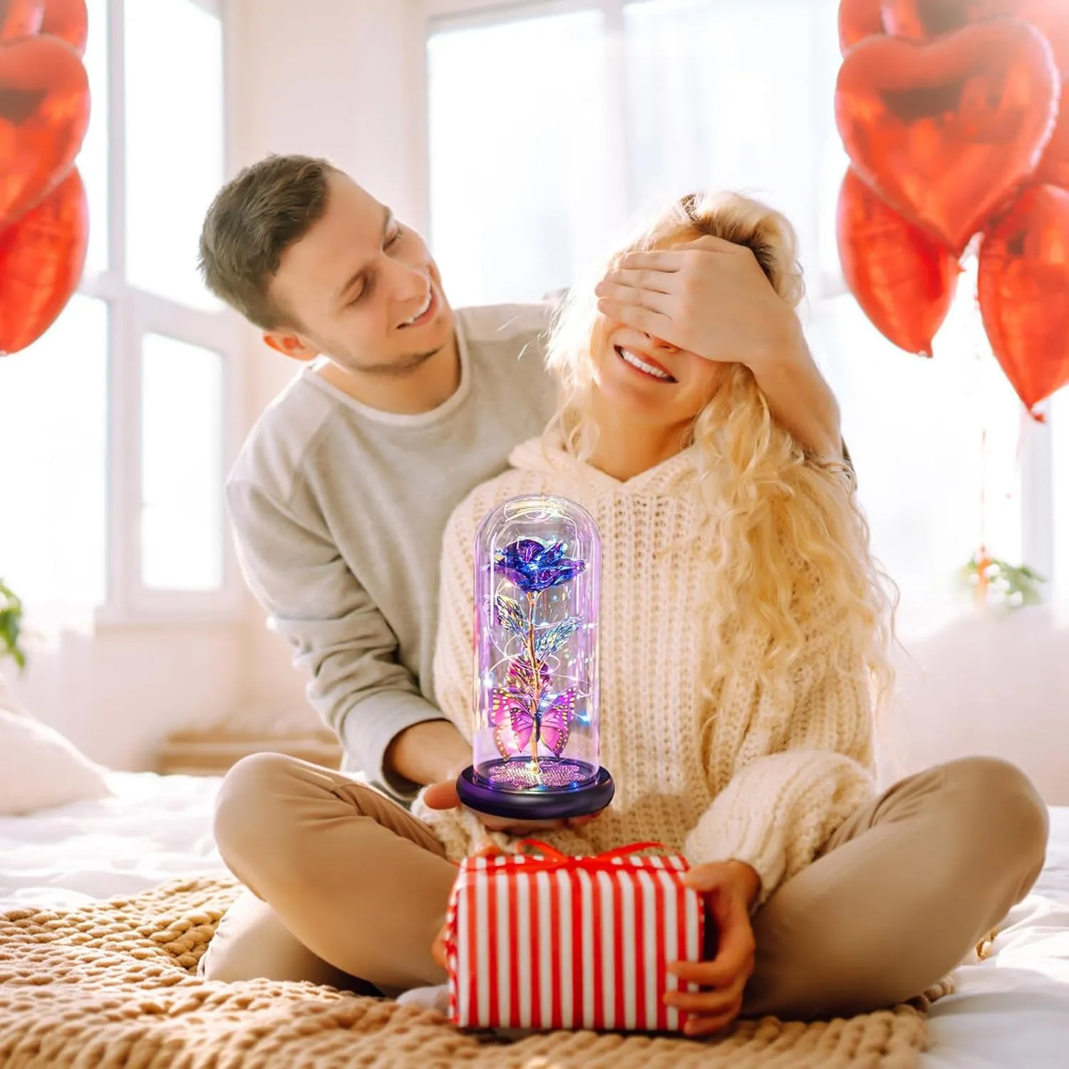 Mothers Day Rose Gifts for Mom, Galaxy Glass Rose Forever Eternal Crystal Flower Light Up Rose in Glass Dome with Butterfly Birthday Mother’s Day Flower Gifts for Women Mom Wife Sister Daughter Purple