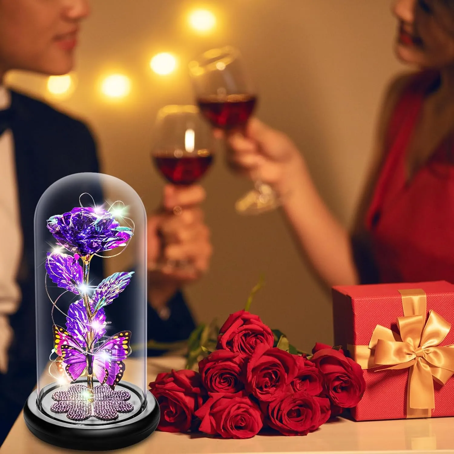 Mothers Day Rose Gifts for Mom, Galaxy Glass Rose Forever Eternal Crystal Flower Light Up Rose in Glass Dome with Butterfly Birthday Mother’s Day Flower Gifts for Women Mom Wife Sister Daughter Purple