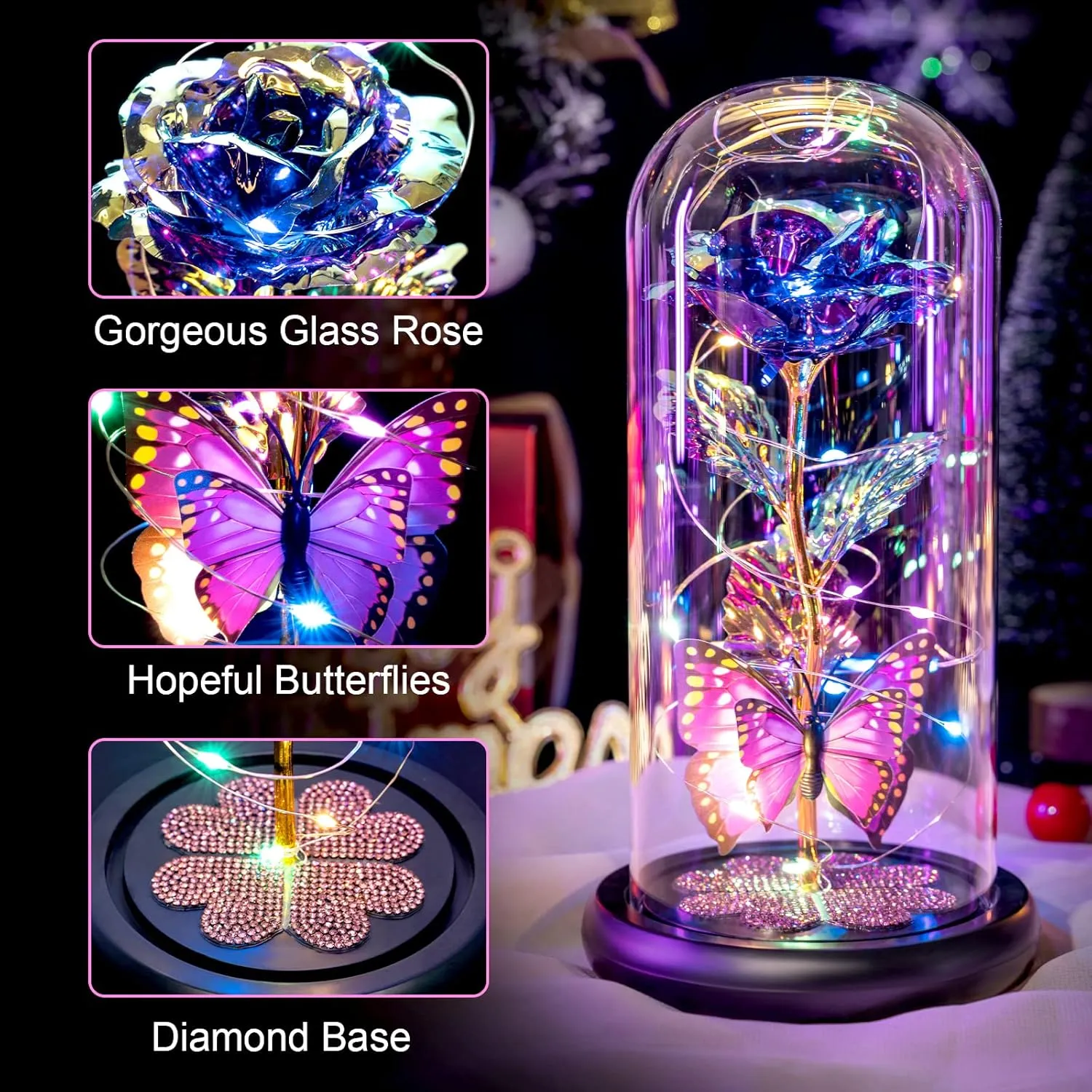 Mothers Day Rose Gifts for Mom, Galaxy Glass Rose Forever Eternal Crystal Flower Light Up Rose in Glass Dome with Butterfly Birthday Mother’s Day Flower Gifts for Women Mom Wife Sister Daughter Purple