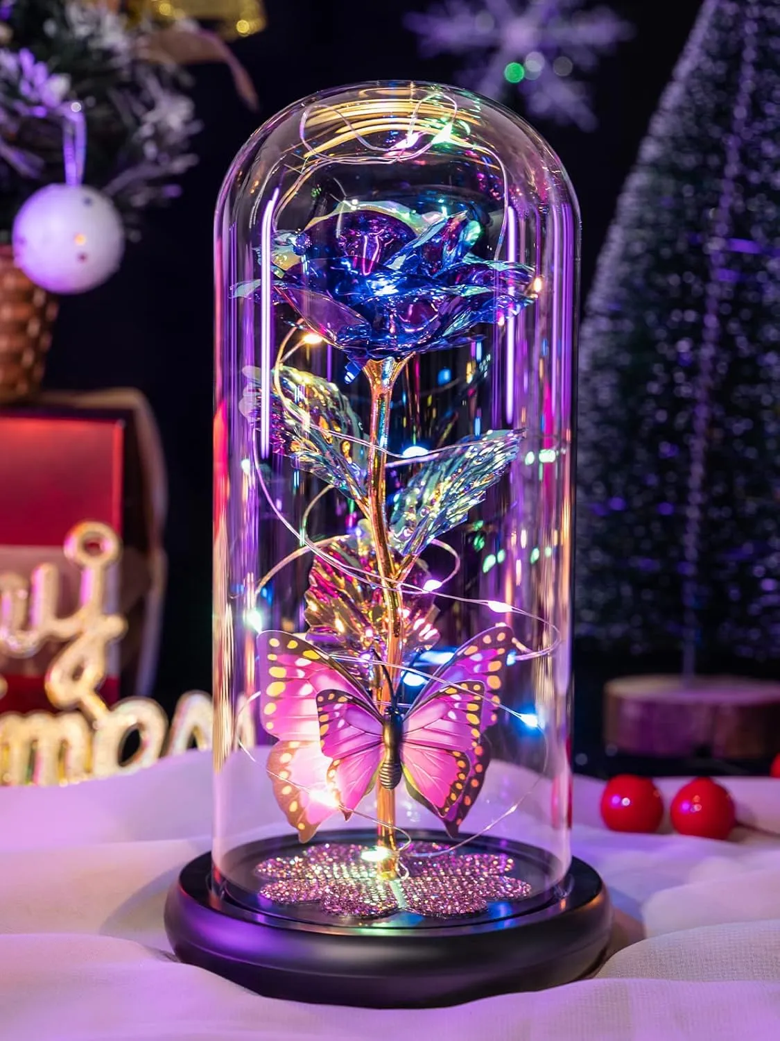 Mothers Day Rose Gifts for Mom, Galaxy Glass Rose Forever Eternal Crystal Flower Light Up Rose in Glass Dome with Butterfly Birthday Mother’s Day Flower Gifts for Women Mom Wife Sister Daughter Purple