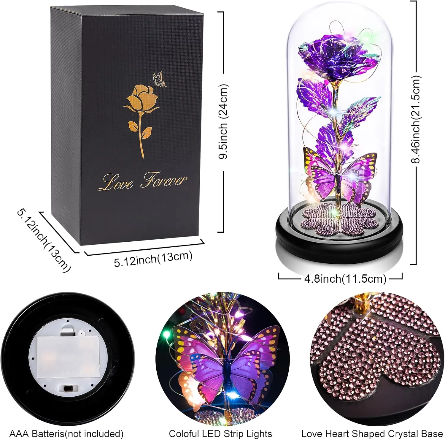 Mothers Day Rose Gifts for Mom, Galaxy Glass Rose Forever Eternal Crystal Flower Light Up Rose in Glass Dome with Butterfly Birthday Mother’s Day Flower Gifts for Women Mom Wife Sister Daughter Purple