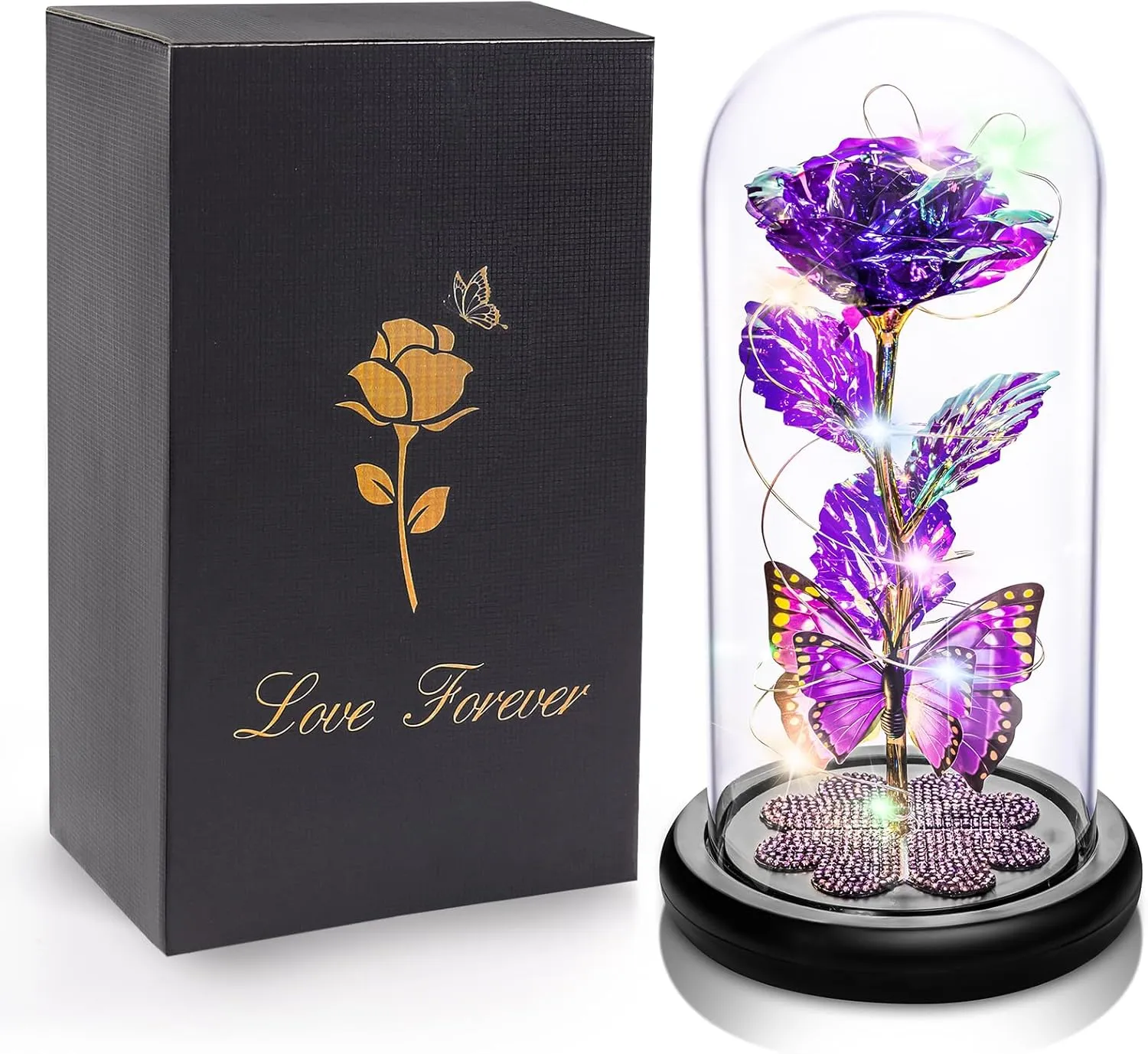 Mothers Day Rose Gifts for Mom, Galaxy Glass Rose Forever Eternal Crystal Flower Light Up Rose in Glass Dome with Butterfly Birthday Mother’s Day Flower Gifts for Women Mom Wife Sister Daughter Purple