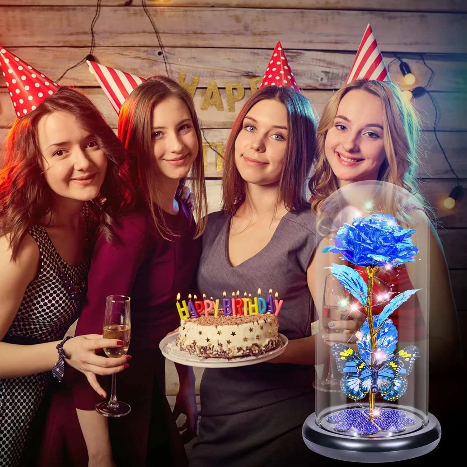 Mothers Day Rose Gifts for Mom, Galaxy Glass Rose Forever Eternal Crystal Flower Light Up Rose in Glass Dome with Butterfly Birthday Mother’s Day Flowers Gifts for Women Mom Wife Grandma Daughter Blue