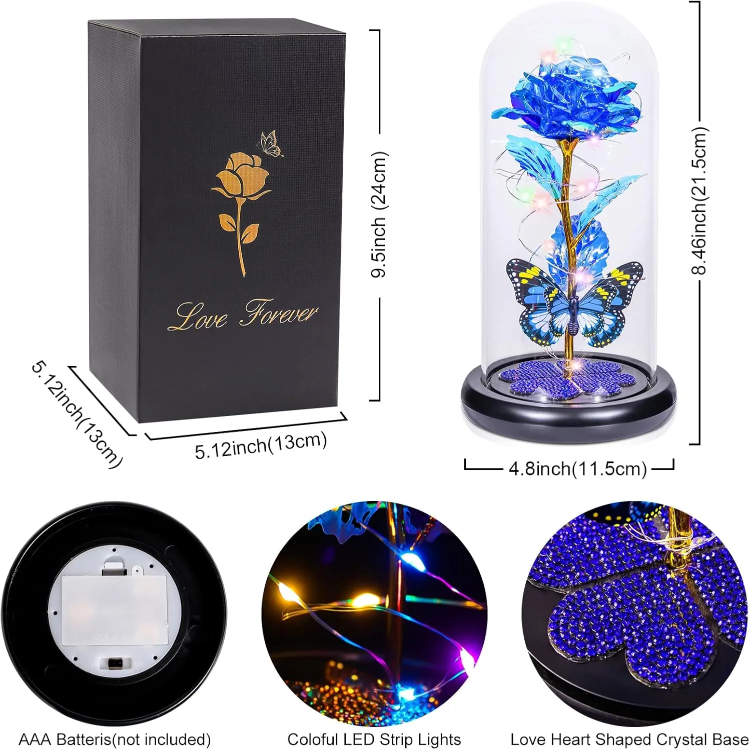 Mothers Day Rose Gifts for Mom, Galaxy Glass Rose Forever Eternal Crystal Flower Light Up Rose in Glass Dome with Butterfly Birthday Mother’s Day Flowers Gifts for Women Mom Wife Grandma Daughter Blue