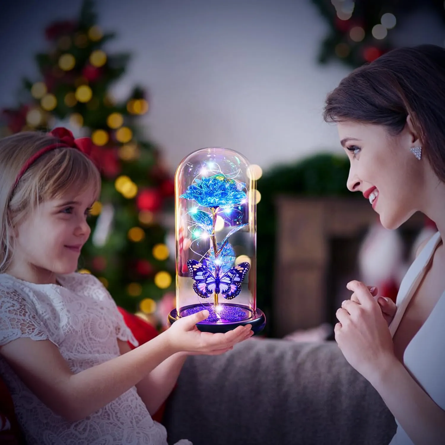 Mothers Day Rose Gifts for Mom, Galaxy Glass Rose Forever Eternal Crystal Flower Light Up Rose in Glass Dome with Butterfly Birthday Mother’s Day Flowers Gifts for Women Mom Wife Grandma Daughter Blue