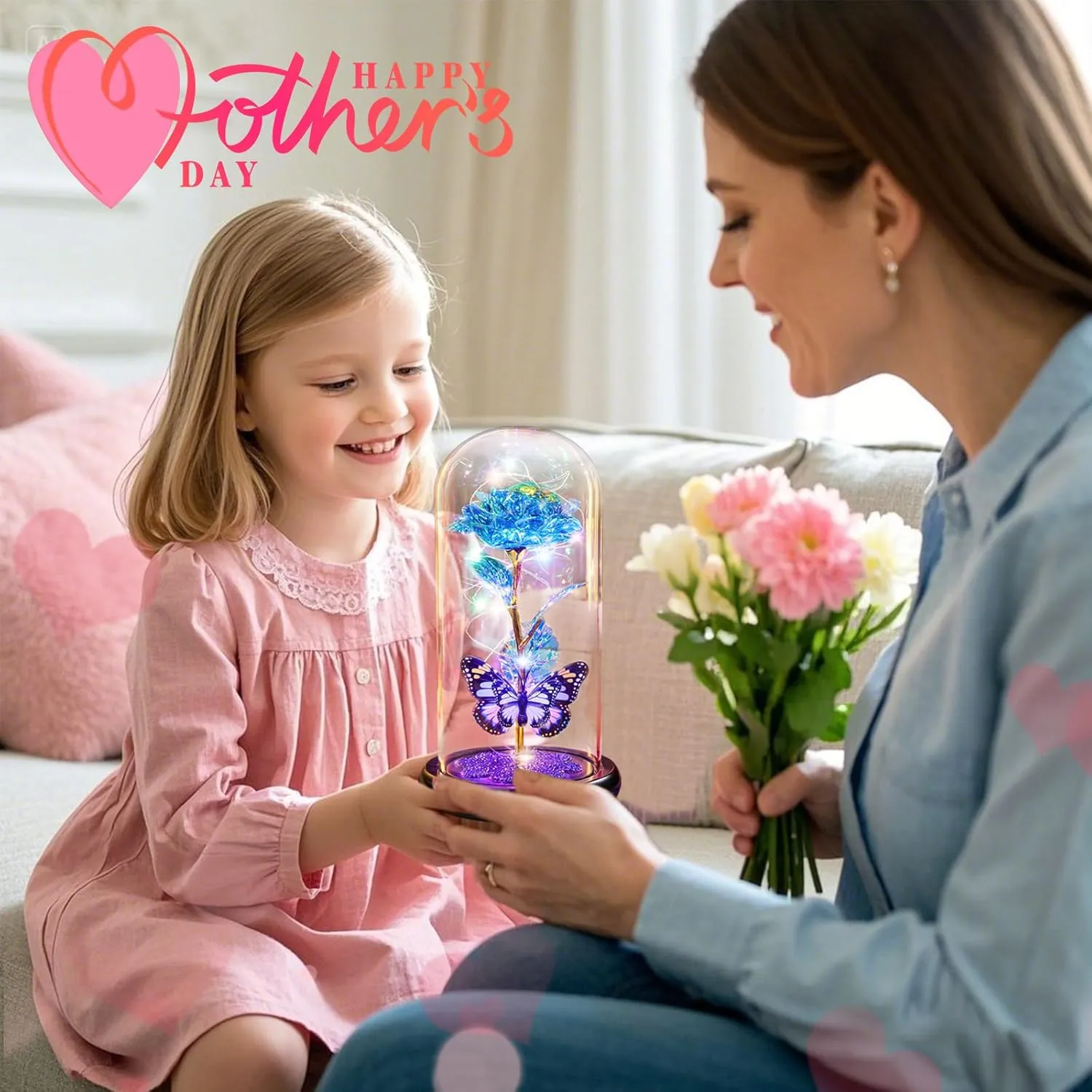 Mothers Day Rose Gifts for Mom, Galaxy Glass Rose Forever Eternal Crystal Flower Light Up Rose in Glass Dome with Butterfly Birthday Mother’s Day Flowers Gifts for Women Mom Wife Grandma Daughter Blue
