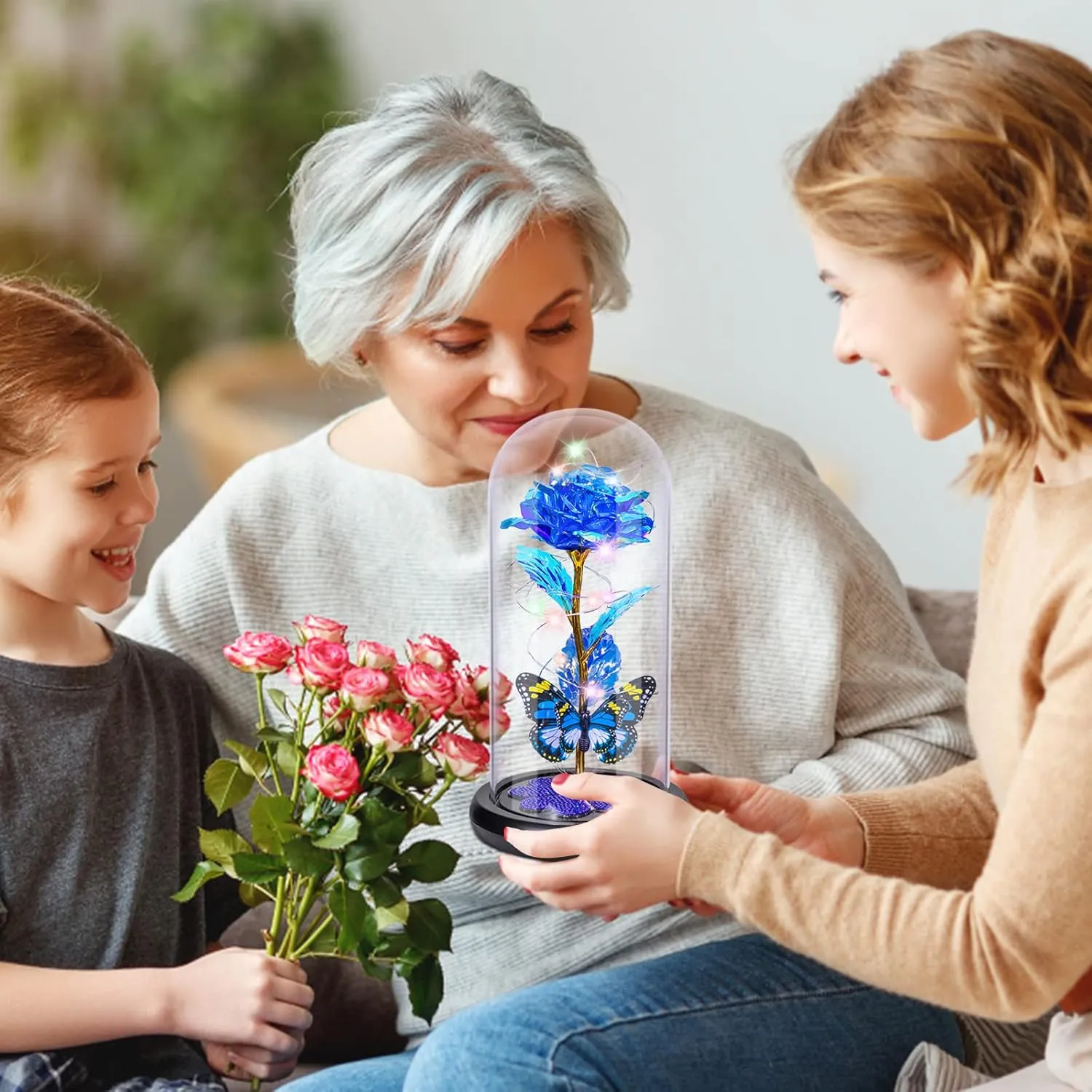 Mothers Day Rose Gifts for Mom, Galaxy Glass Rose Forever Eternal Crystal Flower Light Up Rose in Glass Dome with Butterfly Birthday Mother’s Day Flowers Gifts for Women Mom Wife Grandma Daughter Blue