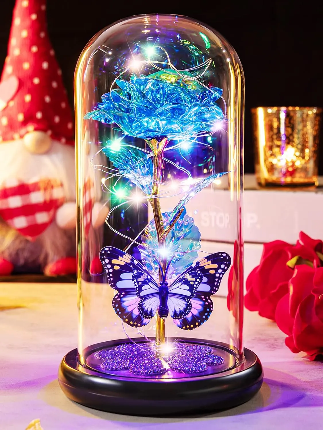 Mothers Day Rose Gifts for Mom, Galaxy Glass Rose Forever Eternal Crystal Flower Light Up Rose in Glass Dome with Butterfly Birthday Mother’s Day Flowers Gifts for Women Mom Wife Grandma Daughter Blue