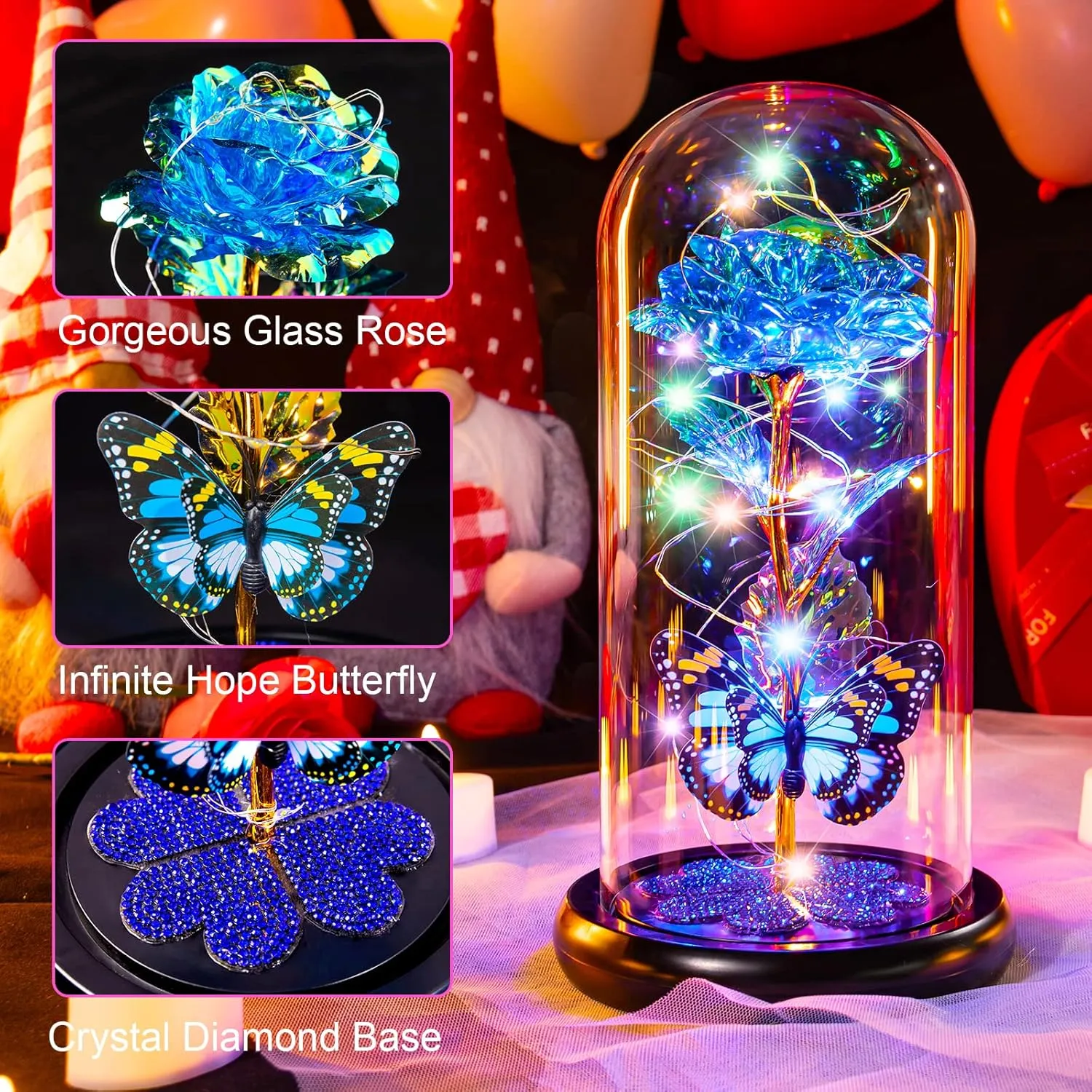 Mothers Day Rose Gifts for Mom, Galaxy Glass Rose Forever Eternal Crystal Flower Light Up Rose in Glass Dome with Butterfly Birthday Mother’s Day Flowers Gifts for Women Mom Wife Grandma Daughter Blue