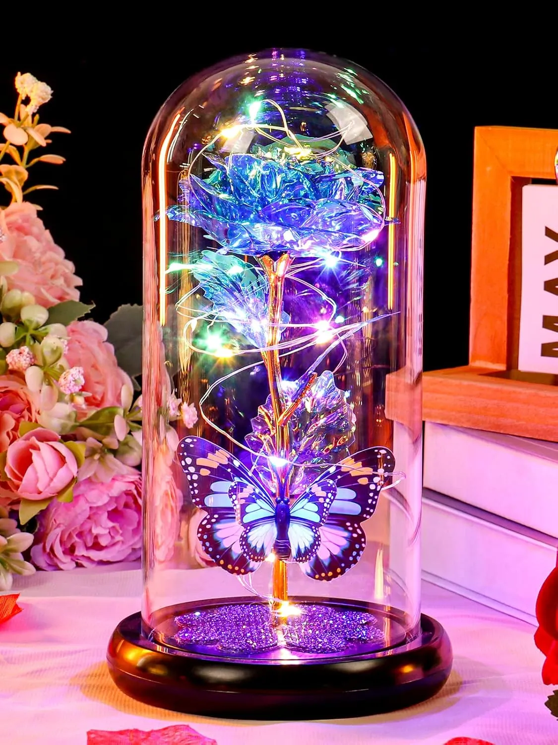 Mothers Day Rose Gifts for Mom, Galaxy Glass Rose Forever Eternal Crystal Flower Light Up Rose in Glass Dome with Butterfly Birthday Mother’s Day Flowers Gifts for Women Mom Wife Grandma Daughter Blue