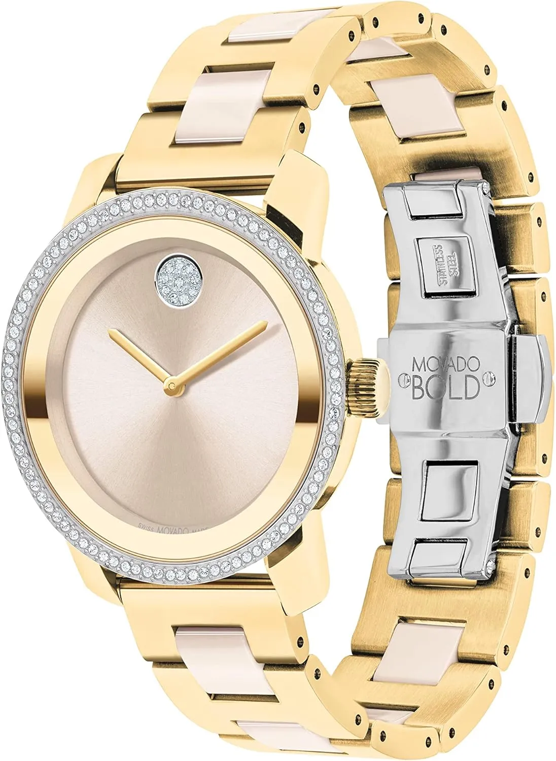 Movado Bold Iconic Women's Watch - Swiss Quartz 2H Movement, Stainless Steel Ceramic Center Link Bracelet - 3 ATM Water Resistance - Sparkling Crystal Details for Her - 36mm