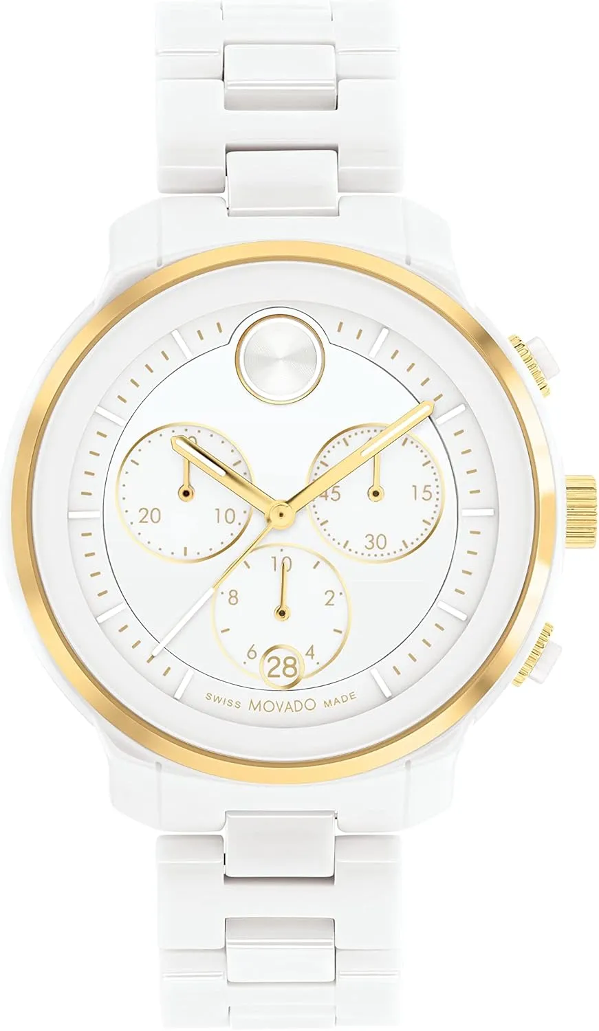 Movado Bold Verso Chronograph Watch for Women - Ceramic Link Bracelet - 5 ATM Water Resistance - Luxury Fashion Timepiece for Her - 39mm