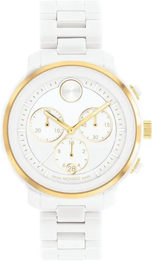 Movado Bold Verso Chronograph Watch for Women - Ceramic Link Bracelet - 5 ATM Water Resistance - Luxury Fashion Timepiece for Her - 39mm