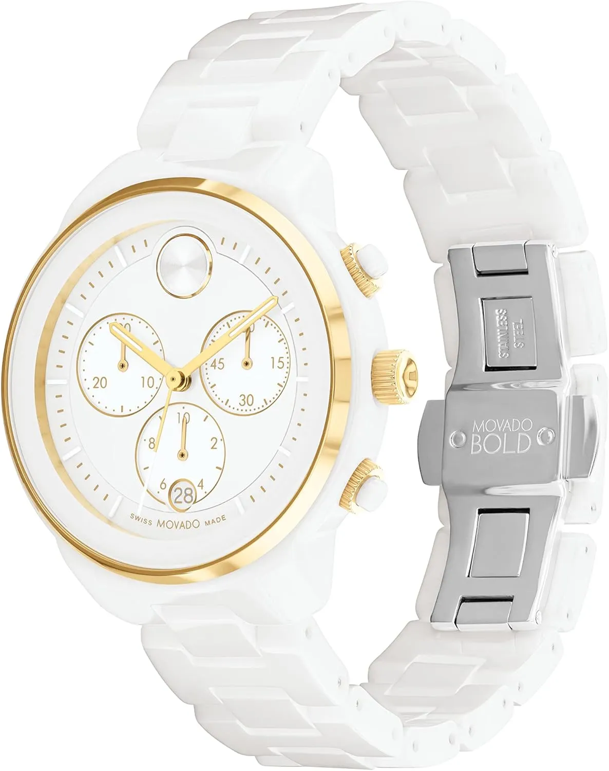 Movado Bold Verso Chronograph Watch for Women - Ceramic Link Bracelet - 5 ATM Water Resistance - Luxury Fashion Timepiece for Her - 39mm