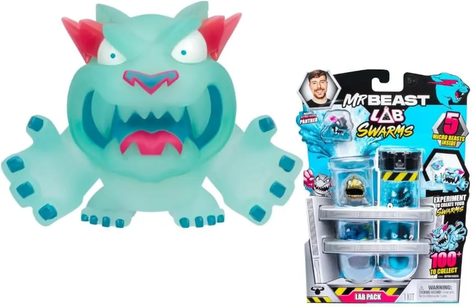 Mr. Beast Lab 3.5 Inch Glow Panther Collectable Vinyl Figures and Mr. Beast Lab Swarms 5 Micro Beasts Lab Pack Gift Bundled Set