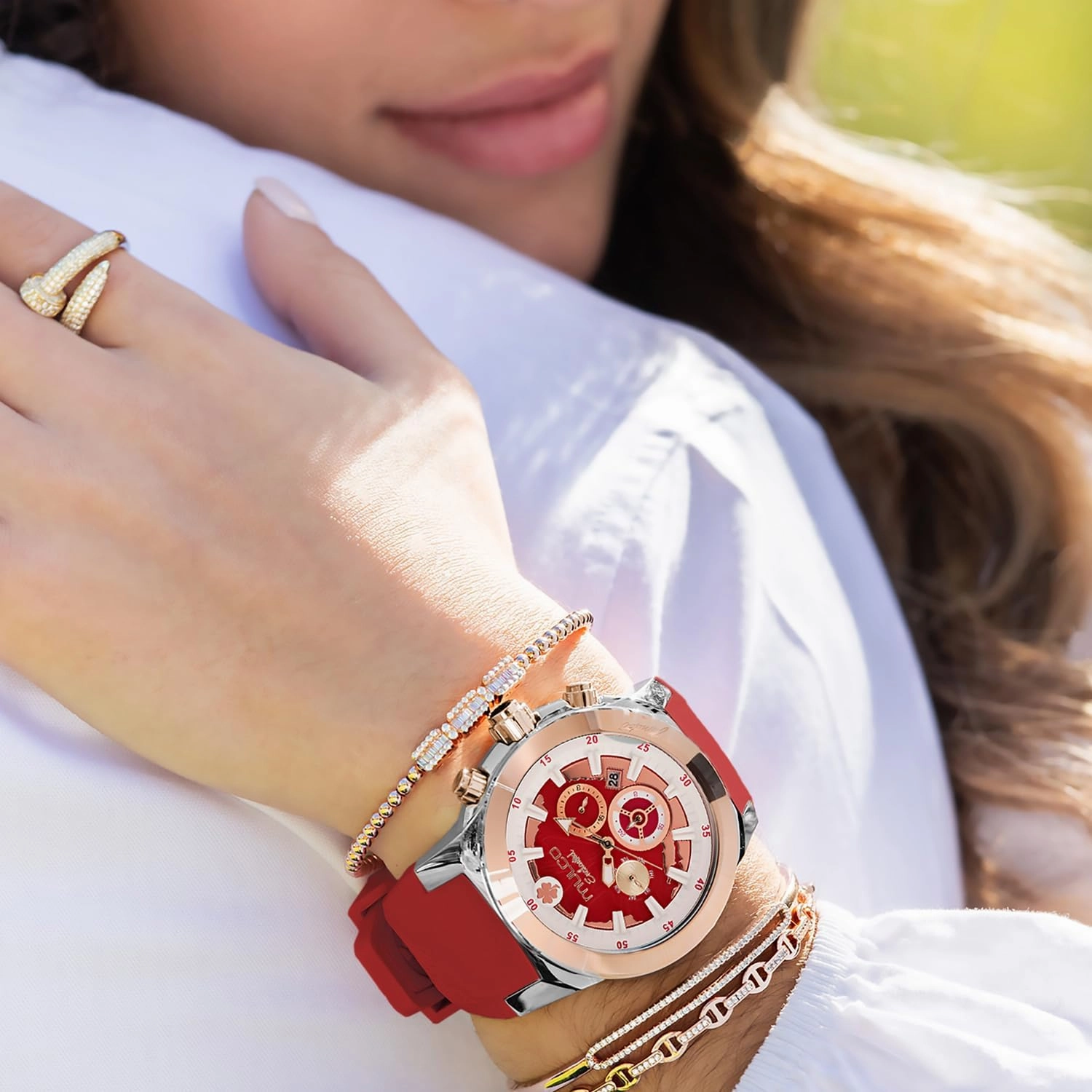 MULCO Watches for Women - Enchanted Maple - Silver Stainless Steel Case with Wrist Silicone Band, Large Face with Mother of Pearl and Rose Gold, Quartz Analog Movement, Waterproof - Inspired by Magic