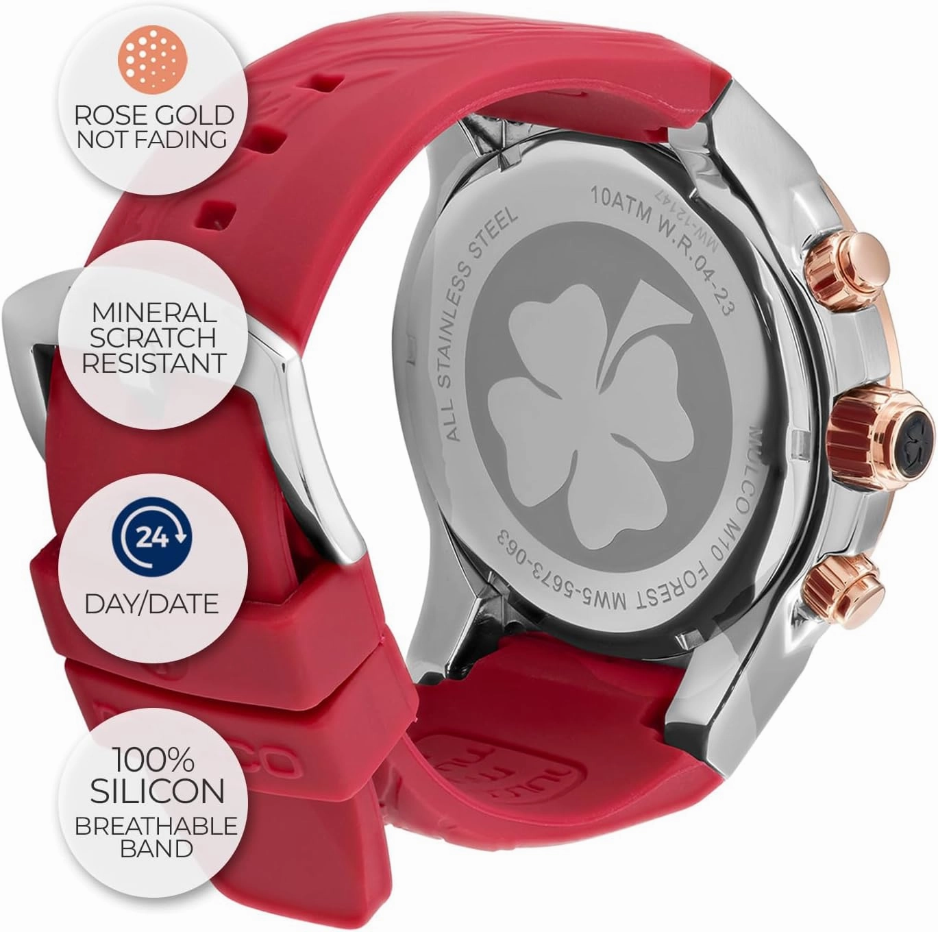 MULCO Watches for Women - Enchanted Maple - Silver Stainless Steel Case with Wrist Silicone Band, Large Face with Mother of Pearl and Rose Gold, Quartz Analog Movement, Waterproof - Inspired by Magic
