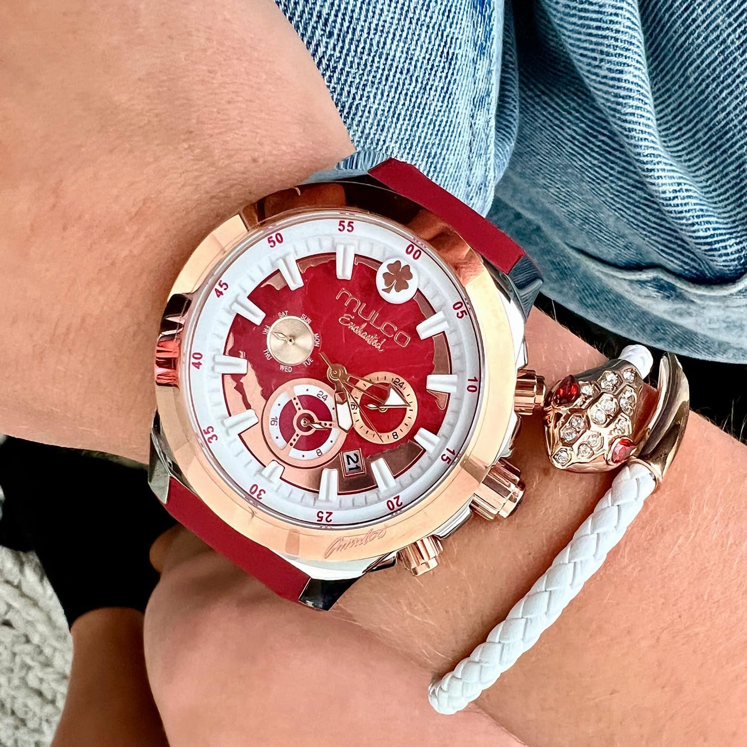 MULCO Watches for Women - Enchanted Maple - Silver Stainless Steel Case with Wrist Silicone Band, Large Face with Mother of Pearl and Rose Gold, Quartz Analog Movement, Waterproof - Inspired by Magic