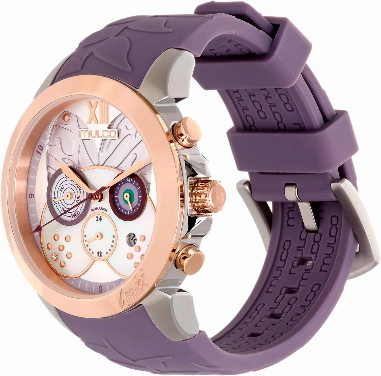 MULCO Watches for Women, Lush, Stainless Steel Case with Wrist Silicone Band, Quartz Multifunctional Movement, Large Face Analog Display with Mother of Pearl and Rose Gold Diamonds-100m Waterproof