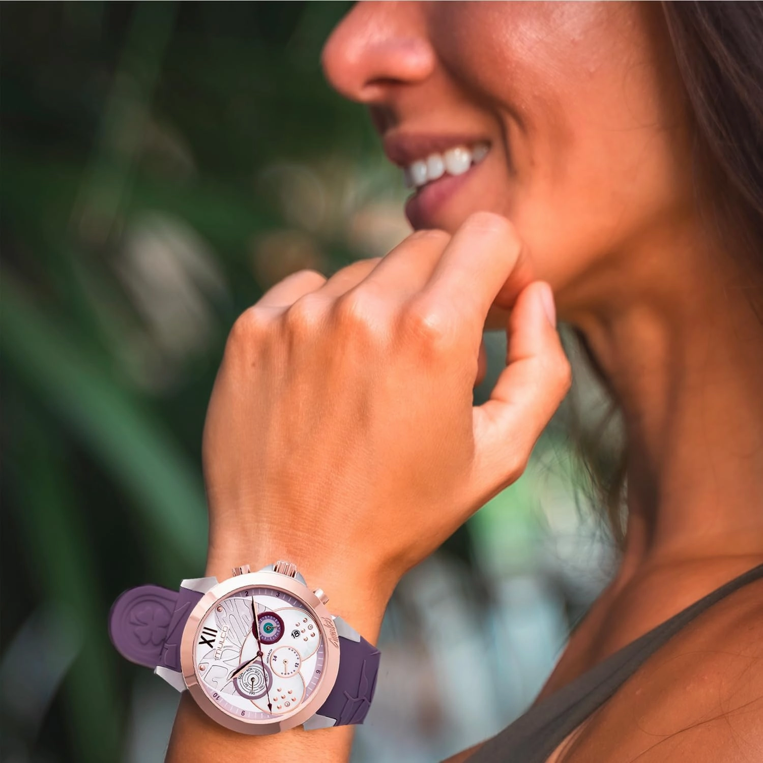 MULCO Watches for Women, Lush, Stainless Steel Case with Wrist Silicone Band, Quartz Multifunctional Movement, Large Face Analog Display with Mother of Pearl and Rose Gold Diamonds-100m Waterproof