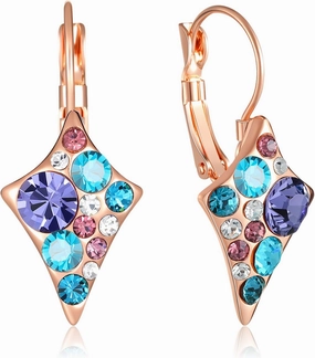 Multicolored Austrian Crystal Rhombus Drop Earrings for Women 14K Gold Plated Leverback Huggie Earrings Hypoallergenic Jewelry Gift