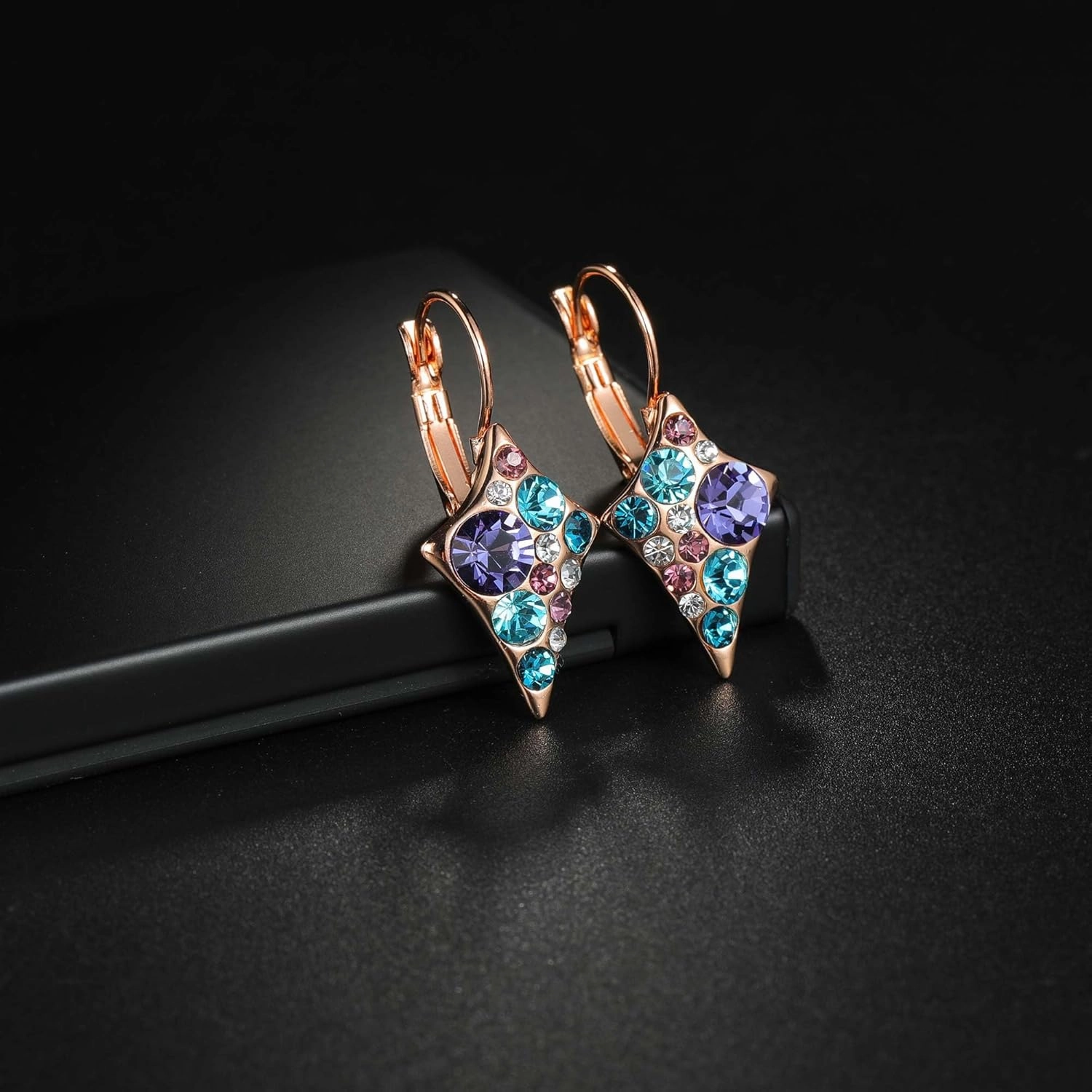 Multicolored Austrian Crystal Rhombus Drop Earrings for Women 14K Gold Plated Leverback Huggie Earrings Hypoallergenic Jewelry Gift