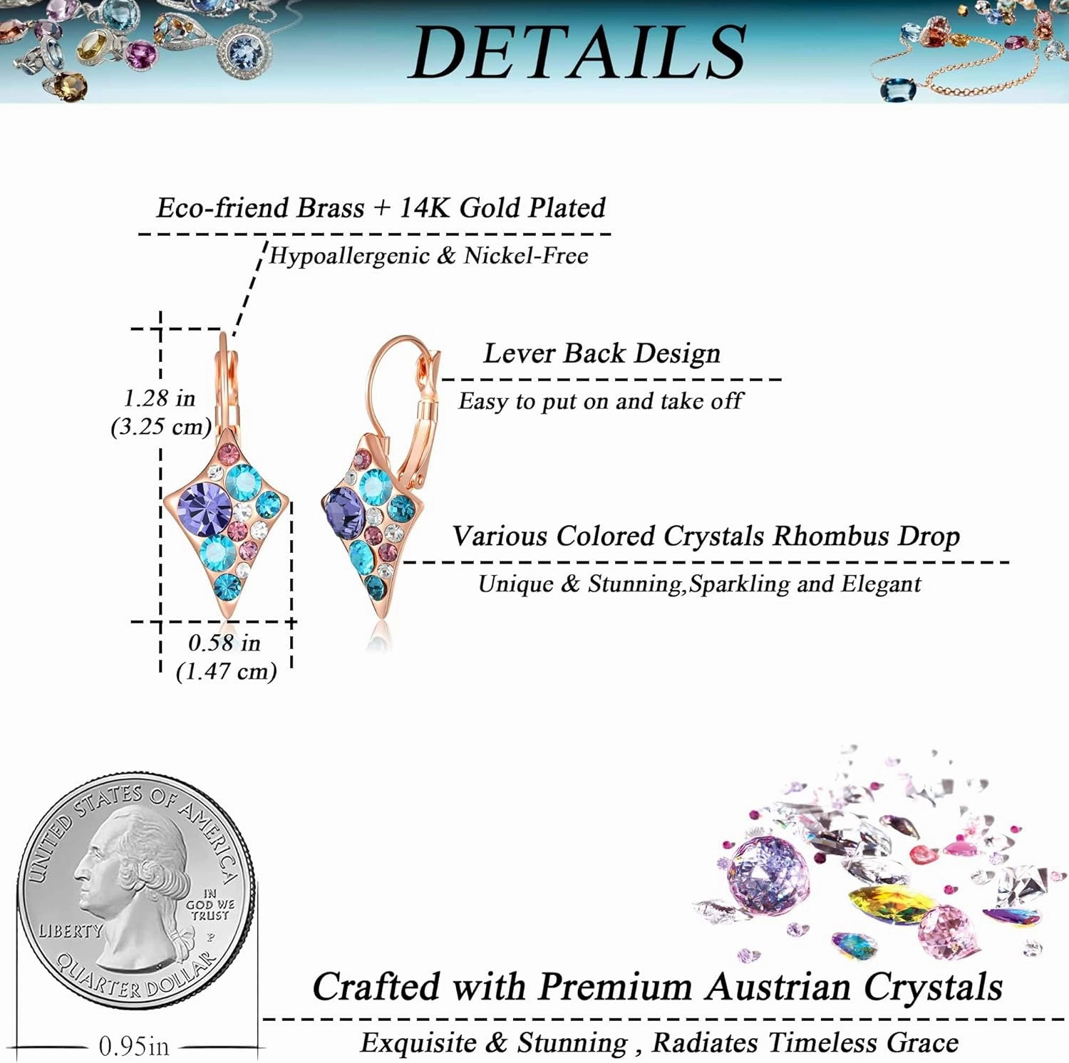 Multicolored Austrian Crystal Rhombus Drop Earrings for Women 14K Gold Plated Leverback Huggie Earrings Hypoallergenic Jewelry Gift