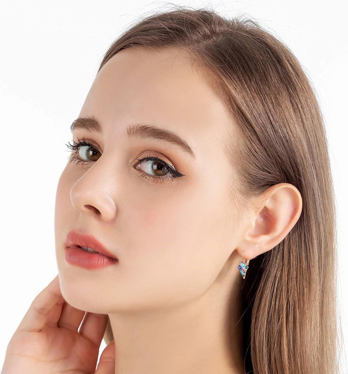 Multicolored Austrian Crystal Rhombus Drop Earrings for Women 14K Gold Plated Leverback Huggie Earrings Hypoallergenic Jewelry Gift
