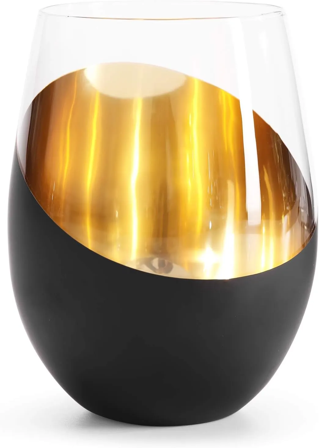 MyGift Modern Matte Black and Gold Tilted Design Stemless Wine Glasses Tumblers - 18 oz, Set of 6