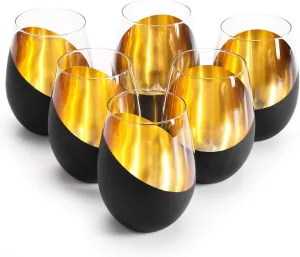 MyGift Modern Matte Black and Gold Tilted Design Stemless Wine Glasses Tumblers - 18 oz, Set of 6