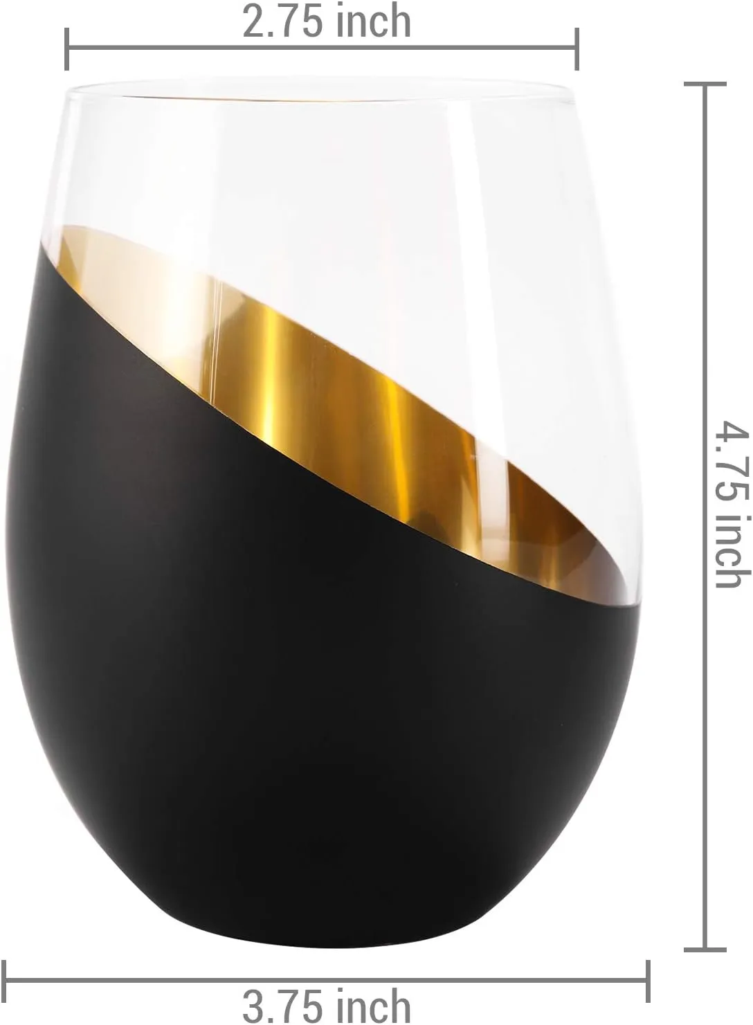 MyGift Modern Matte Black and Gold Tilted Design Stemless Wine Glasses Tumblers - 18 oz, Set of 6