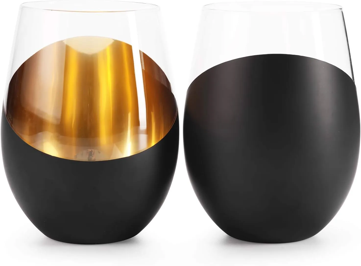 MyGift Modern Matte Black and Gold Tilted Design Stemless Wine Glasses Tumblers - 18 oz, Set of 6