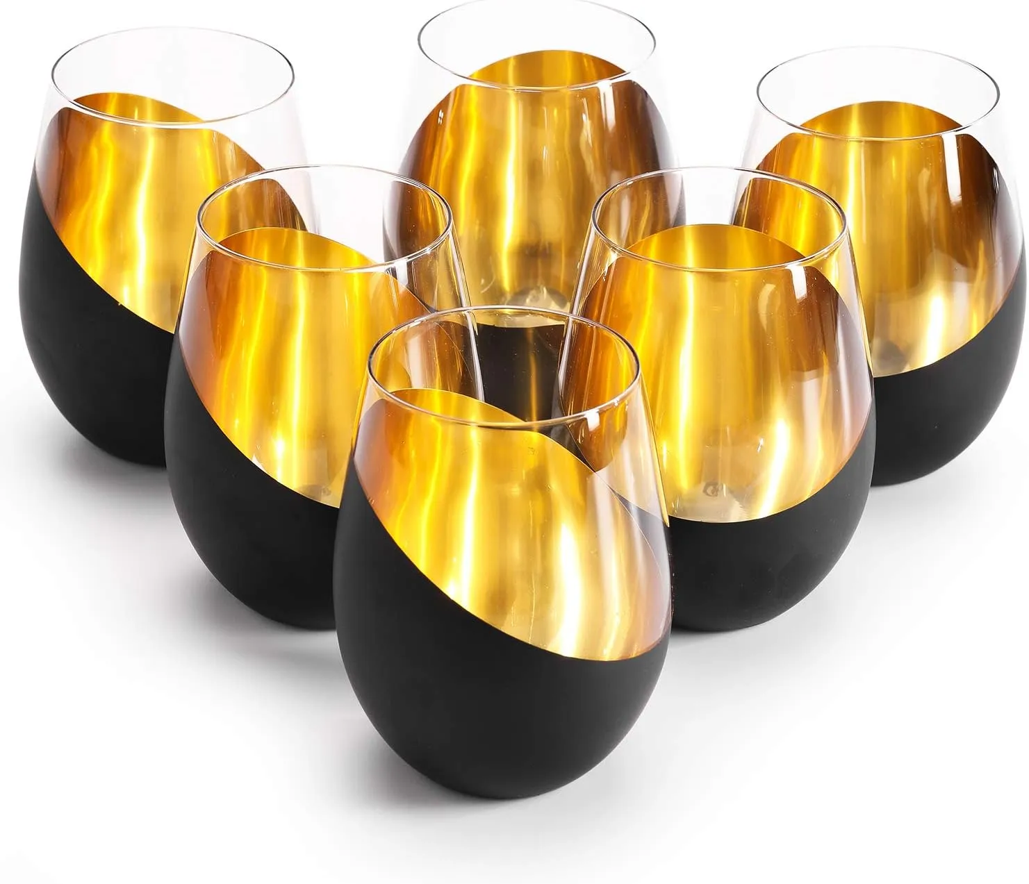 MyGift Modern Matte Black and Gold Tilted Design Stemless Wine Glasses Tumblers - 18 oz, Set of 6